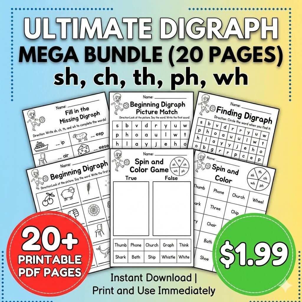 Digraph Mastery Bundle : 20 Engaging Phonics Worksheets 