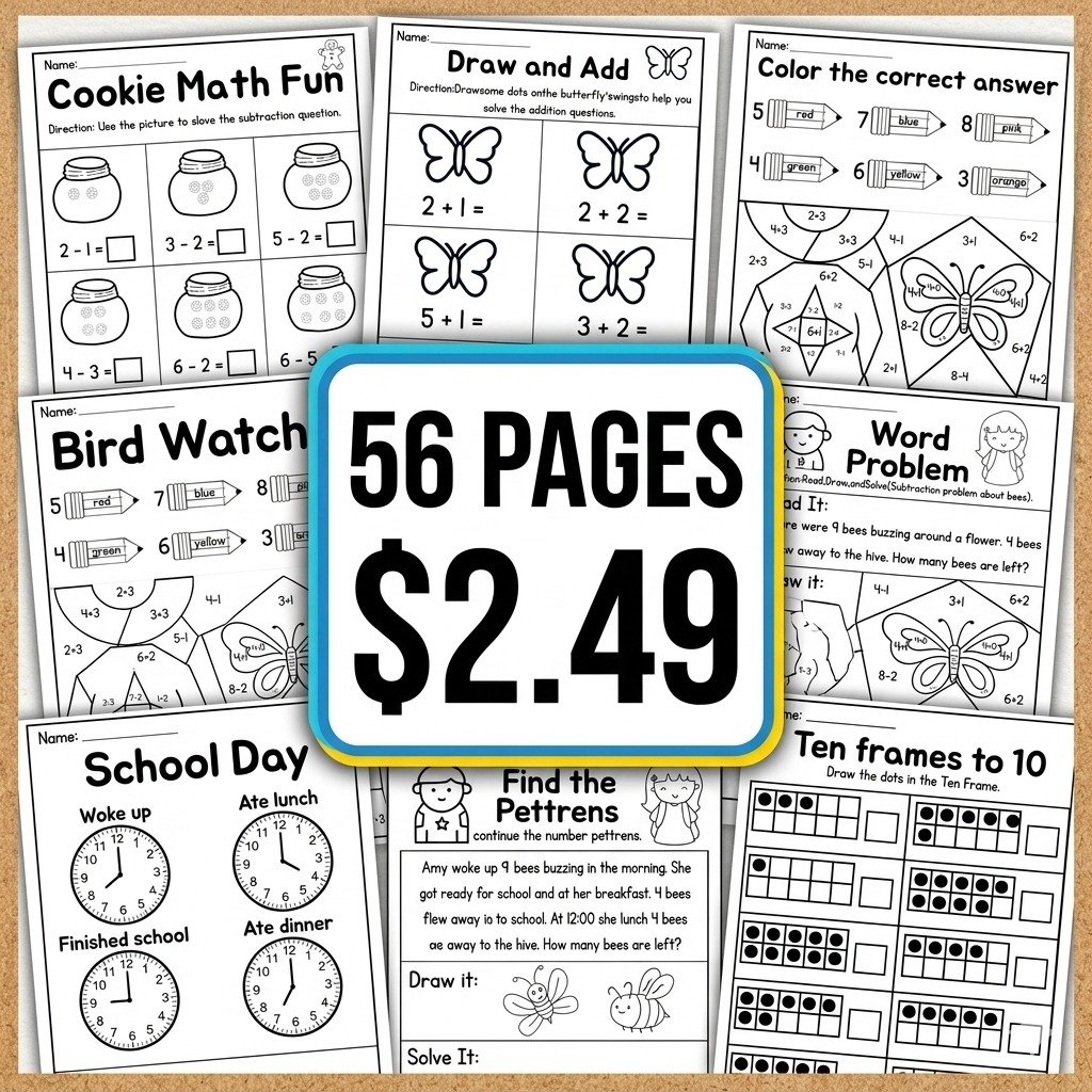 Kindergarten Math & Logic Bundle – 50+ Pages of Addition, Subtraction, Patterns, Time & Graphing Worksheets