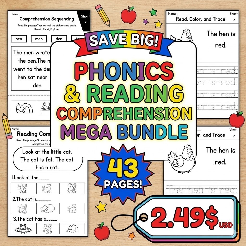 Phonics & Reading Comprehension Mega Bundle Short Vowels Activity Pack