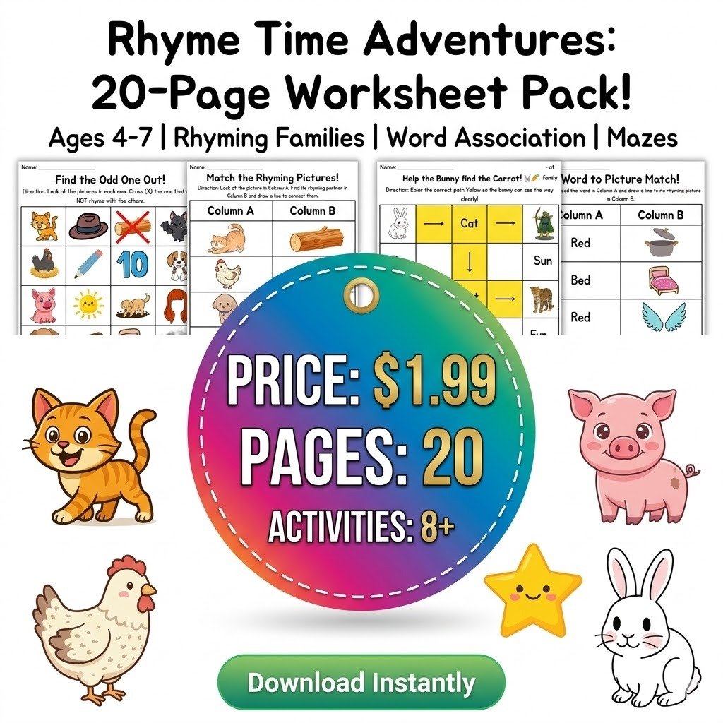 Rhyme Time Fun Kindergarten Rhyming Word Worksheet Pack