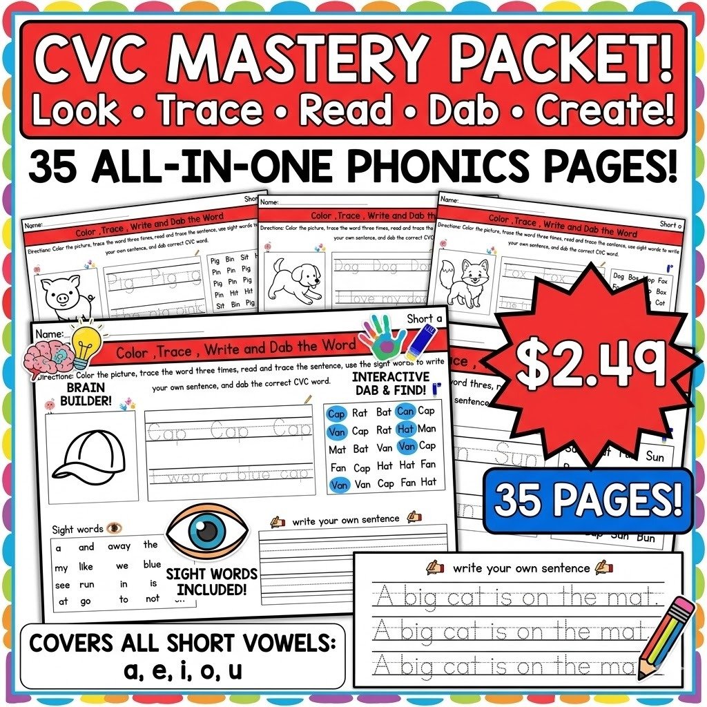 CVC Mastery Phonics Packet Read, Trace, Dab, and Create!  35 Pages