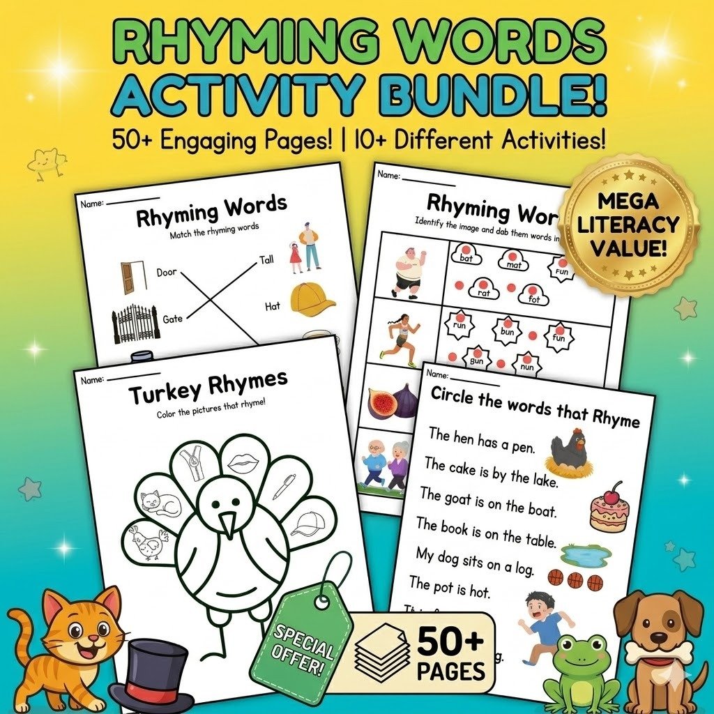 Rhyming Words Activity Bundle  50+ Pages, 10+ Activities  CVC & Phonics