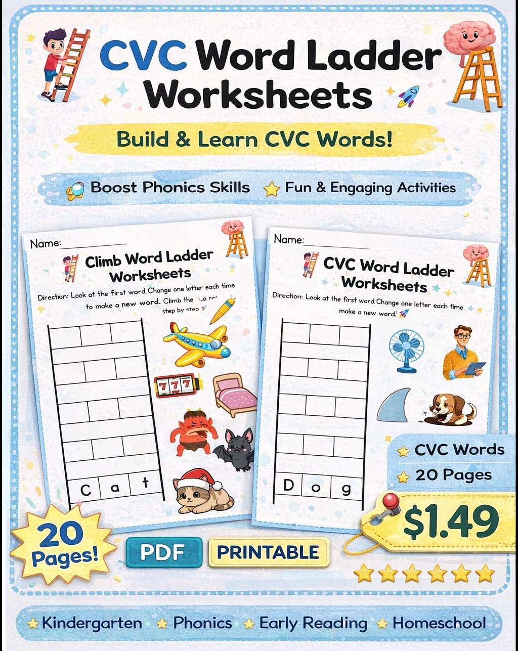 CVC Word Ladder Worksheets for Kindergarten & First Grade