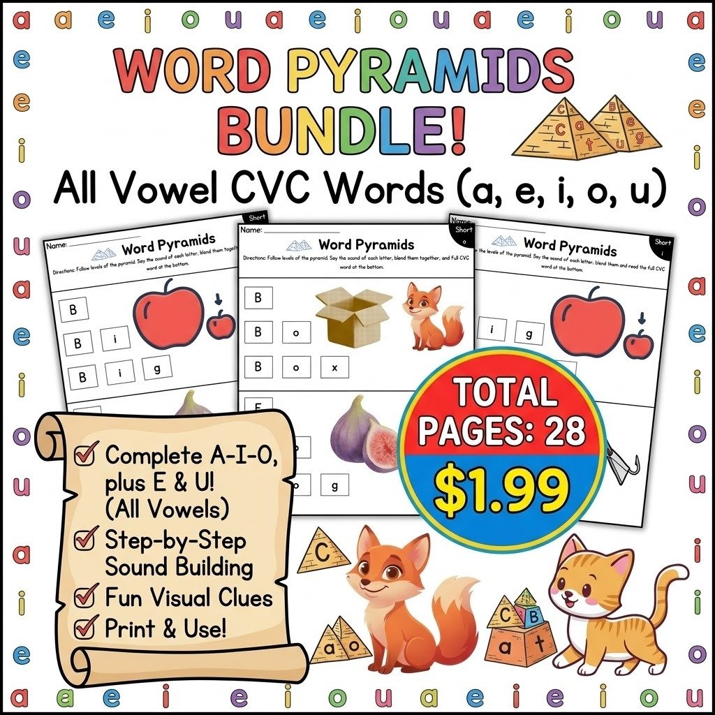 Word Pyramids CVC Worksheets | Kindergarten & First Grade Reading Activities