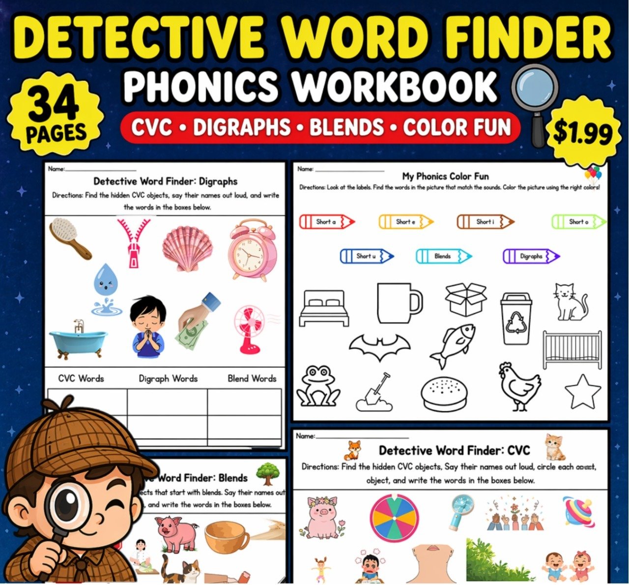 Detective Word Finder Phonics Workbook | CVC Words, Digraphs & Blends Worksheets